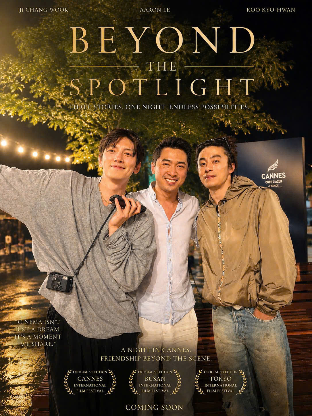 Ảnh chụp tại Liên hoan phim Cannes 2026 với diễn viên điện ảnh Hàn Quốc nổi tiếng Ji Chang Wook (bên trái) và Koo Kyo-Hwan (bên phải) cùng với nhà sản xuất phim Aaron Le (giữa)
